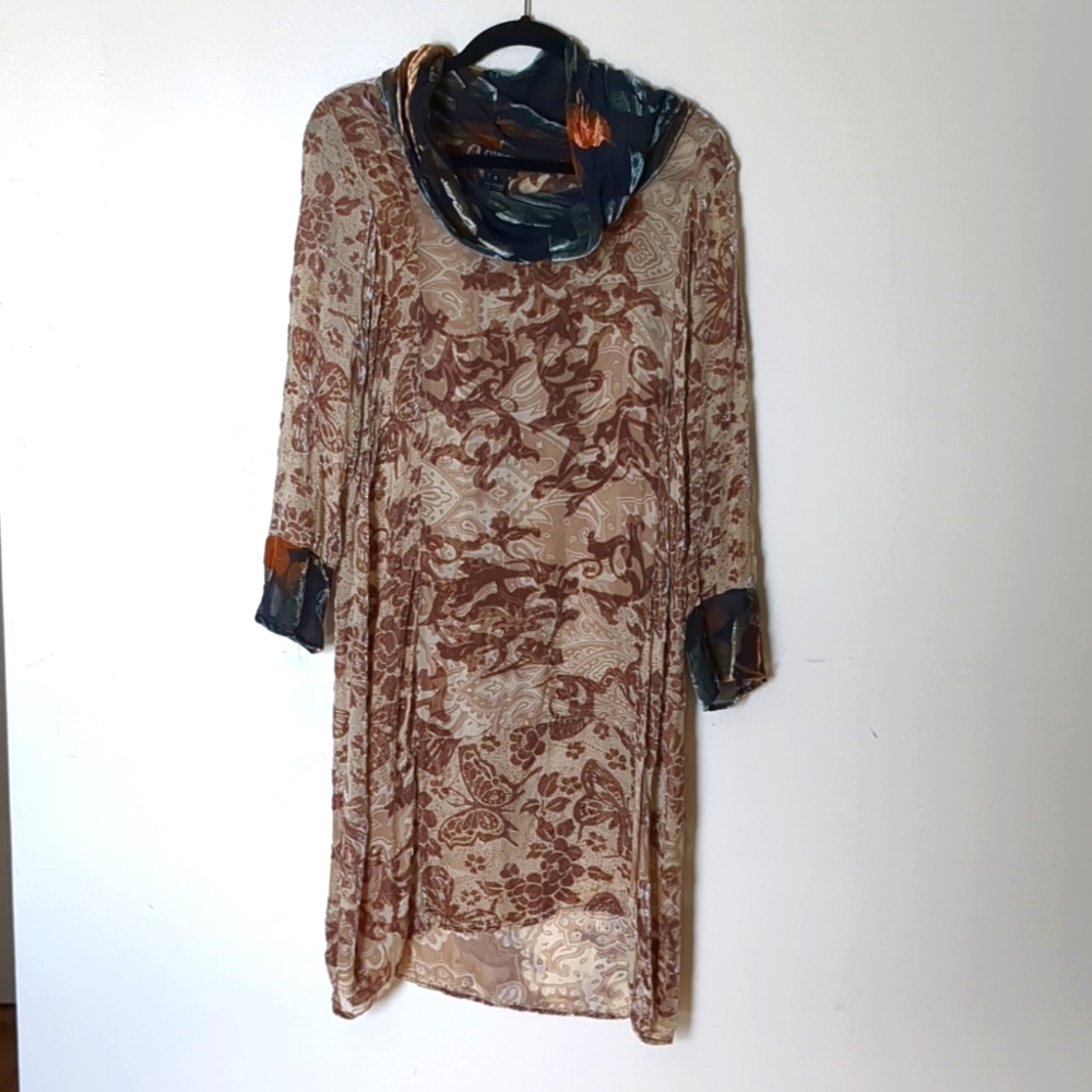 Citron Silk/Rayon Sheer Cowl Neck Dress with Velvet Detail Women's S